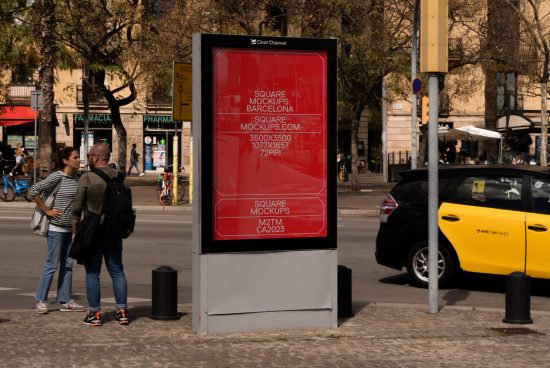 Urban street scene featuring an advertising kiosk with digital content mockup showcasing design assets for designers, in a realistic setting.